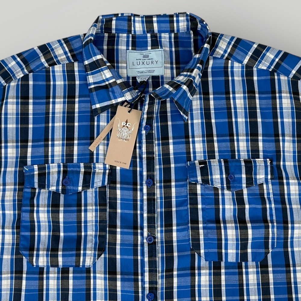 NEW Raider Jean Co Shirt Mens 4XL Blue‎ Plaid Short Sleeve Cotton Button Up